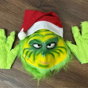 NEW Green Grinch Mask (removable Santa hat) and Gloves Set